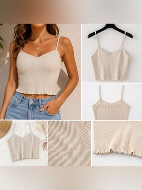 H&M Beige Ribbed Cropped V-Neck Cami with Adjustable Straps